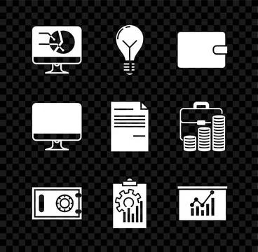 Set Computer monitor with graph chart, Light bulb concept of idea, Wallet, Safe Stock-Illustration