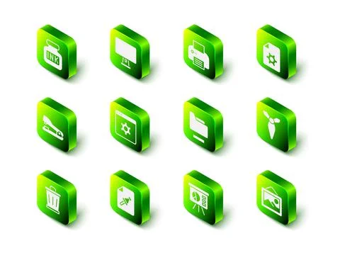 Set Computer monitor, Printer, Document settings, Tie, Picture landscape, folder Illustrazione stock