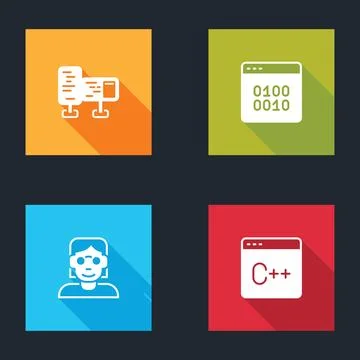 Set Computer monitor screen, Binary code, Hacker coder and Software icon. Vector 库存插图