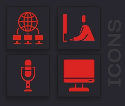 Set Computer monitor screen, Computer network, Student working at laptop and  Stock Illustration