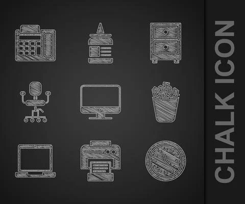 Set Computer monitor screen, Printer, Clock, Full trash can, Laptop, Office Stock Illustration