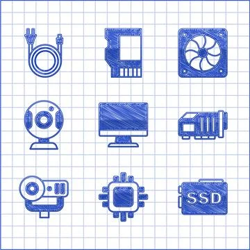 Set Computer monitor screen, Processor with CPU, SSD card, Video graphic, Web イラスト素材