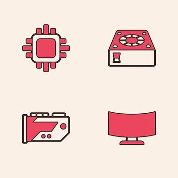 Set Computer monitor screen, Processor with CPU, cooler and Video graphic card イラスト素材