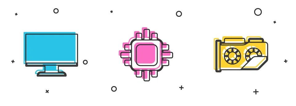 Set Computer monitor screen, Processor with CPU and Video graphic card icon.. Stock Illustration