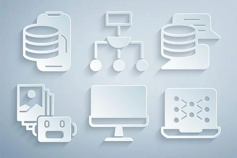 Set Computer monitor, Server, Data, Artificial intelligence robot, Neural Illustrazione stock