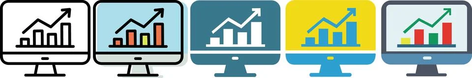 Set of computer monitors with growth chart icons Ilustración de archivo