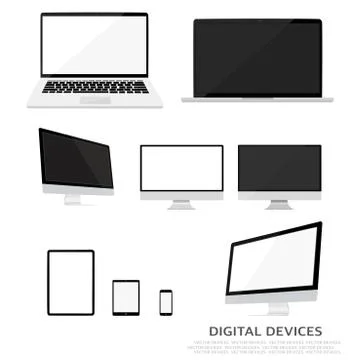 Set of computer monitors, laptops, tablets and mobile phones. Electronic gadg Illustrazione stock