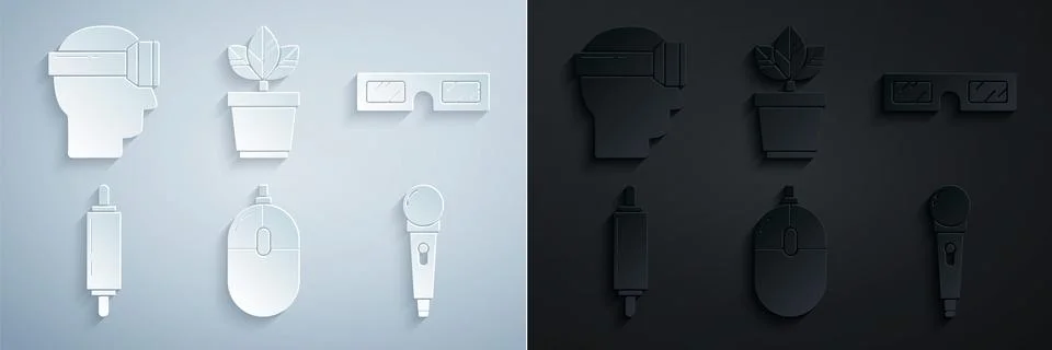 Set Computer mouse, 3D cinema glasses, Rolling pin, Microphone, Flowers pot and Illustrazione stock