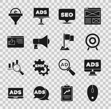 Set Computer mouse, Advertising, Target sport, SEO optimization, Megaphone Stock Illustration