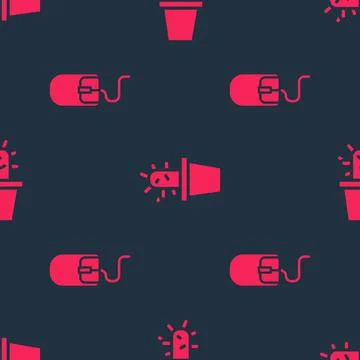 Set Computer mouse and Cactus and succulent in pot on seamless pattern. Vector Illustrazione stock