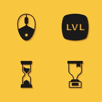 Set Computer mouse, Award cup, Old hourglass and Level game icon with long Stock Illustration