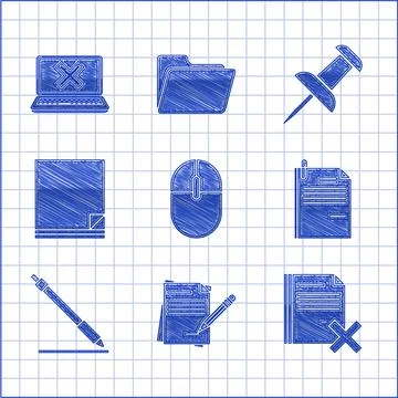 Set Computer mouse, Blank notebook and pencil with eraser, Delete file document Illustrazione stock
