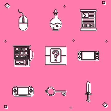 Set Computer mouse, Bottle with magic elixir, Game guide, Slot machine, Mys.. Illustrazione stock