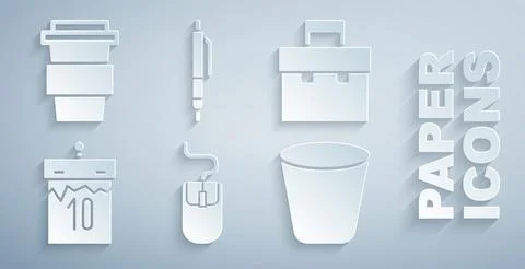 Set Computer mouse, Briefcase, Calendar, Trash can, Pen and Coffee cup to go Stock-Illustration