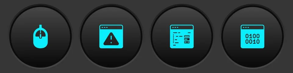 Set Computer mouse, Browser with exclamation mark, Software and Binary code icon Illustrazione stock