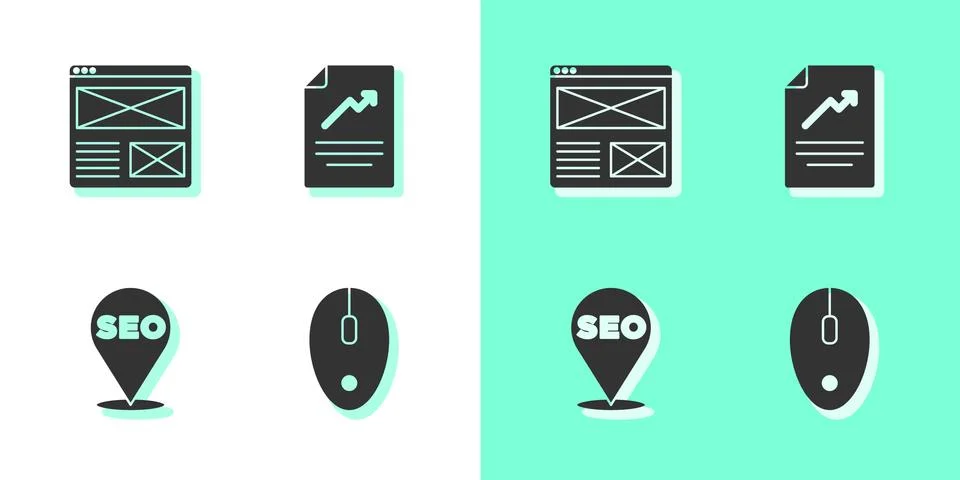 Set Computer mouse, Browser window, SEO optimization and Document with graph Stock Illustration