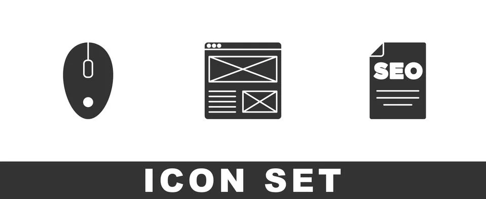 Set Computer mouse, Browser window and SEO optimization icon. Vector Stock Illustration