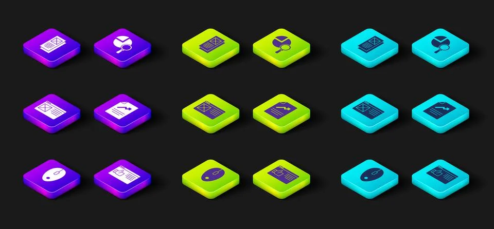 Set Computer mouse, Browser window, Document with graph chart, Magnifying glass イラスト素材