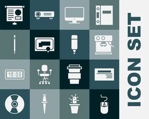 Set Computer mouse, Business card, Coffee machine, monitor screen, Certificate Stock Illustration