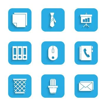 Set Computer mouse, Cactus and succulent in pot, Envelope, Address book, Trash Stock-Illustration