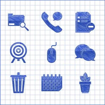 Set Computer mouse, Calendar, Flowers in pot, Speech bubble chat, Trash can Illustrazione stock
