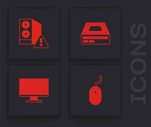Set Computer mouse, Case of computer, Optical disc drive and monitor screen icon Stock Illustration