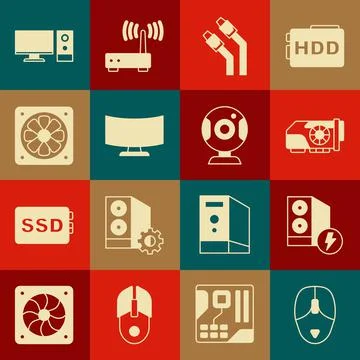 Set Computer mouse, Case of computer, Video graphic card, LAN cable network Illustrazione stock