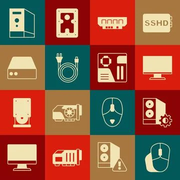 Set Computer mouse, Case of computer, monitor screen, RAM, random access memory Illustrazione stock