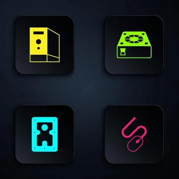 Set Computer mouse, Case of computer, Hard disk drive HDD and cooler. Black Stock Illustration