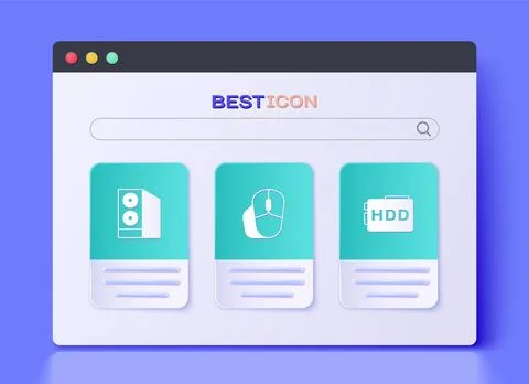 Set Computer mouse, Case of computer and Hard disk drive HDD icon. Vector Stock Illustration