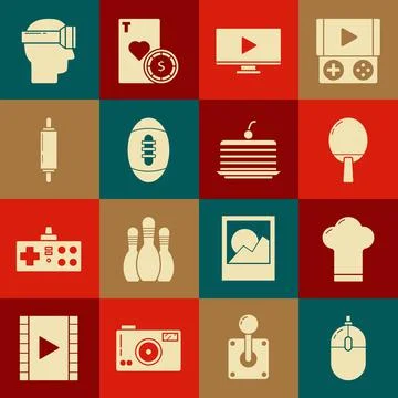 Set Computer mouse, Chef hat, Racket for playing table tennis, Online video Illustrazione stock