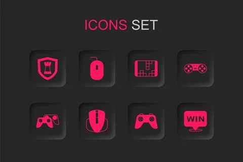 Set Computer mouse, Chess shield, Game controller or joystick, Medal, Porta.. Illustrazione stock
