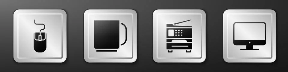 Set Computer mouse, Coffee cup, Printer and Computer monitor screen icon. Silver Stock Illustration