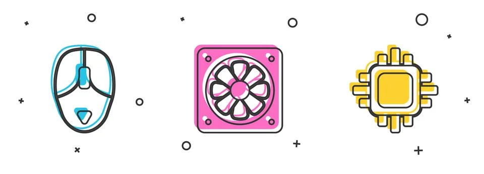 Set Computer mouse, cooler and Processor with CPU icon. Vector Illustrazione stock