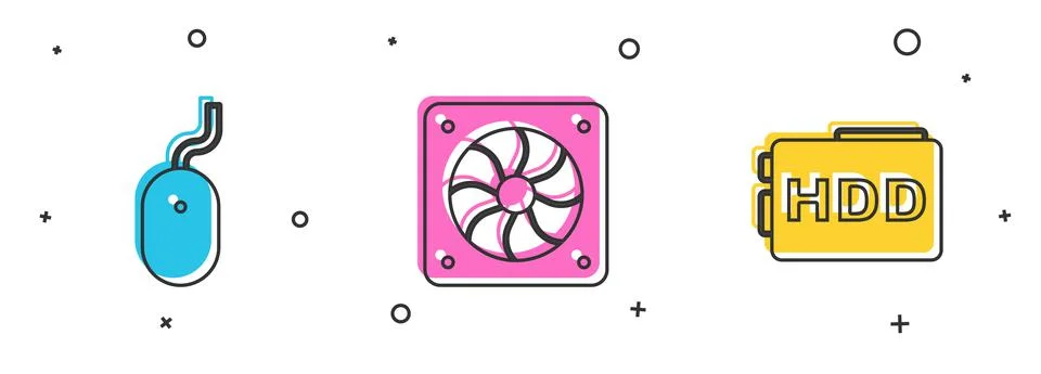 Set Computer mouse, cooler and Hard disk drive HDD icon. Vector 스톡 일러스트