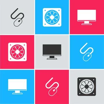 Set Computer mouse, cooler and monitor screen icon. Vector Stock Illustration