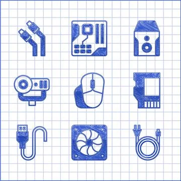 Set Computer mouse, cooler, Electric plug, SD card, USB cable cord, Web cam.. 库存插图