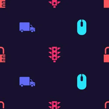 Set Computer mouse, Delivery cargo truck, Traffic light and Safe combination Stock Illustration