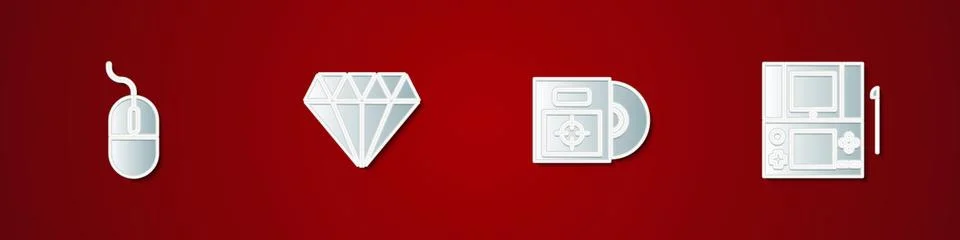 Set Computer mouse, Diamond, CD or DVD disk in box and Portable video game Stock Illustration