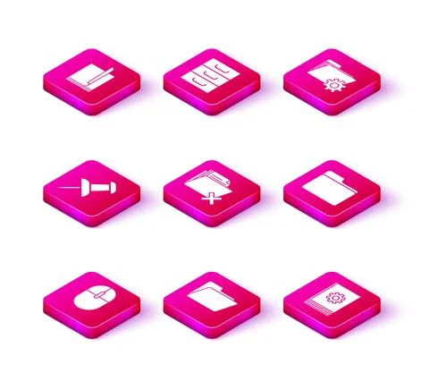 Set Computer mouse, Document folder, Push pin, Delete, User manual, Folder Illustrazione stock