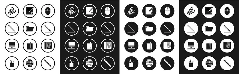 Set Computer mouse, Document folder, Pencil with eraser and line, Paper clip Stock Illustration