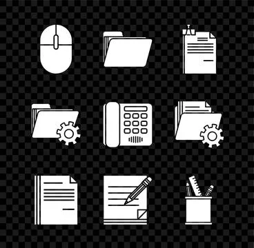 Set Computer mouse, Document folder, File document and binder clip, Blank n.. Stock Illustration