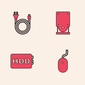 Set Computer mouse, Electric plug, Optical disc drive and Hard disk HDD icon 스톡 일러스트