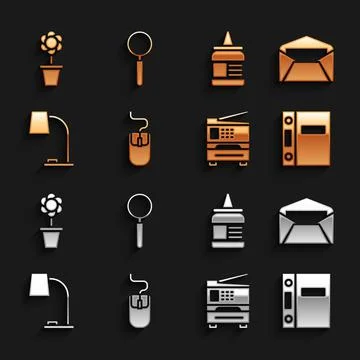 Set Computer mouse, Envelope, Office folders, Printer, Table lamp, Glue, Flower Stock Illustration