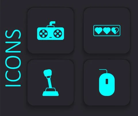 Set Computer mouse, Game controller or joystick, life bar and Gear shifter icon Stock Illustration
