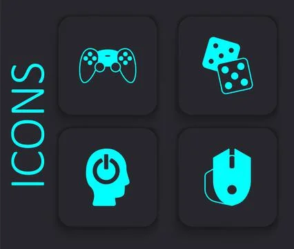 Set Computer mouse, Game controller or joystick, dice and Power button icon 스톡 일러스트