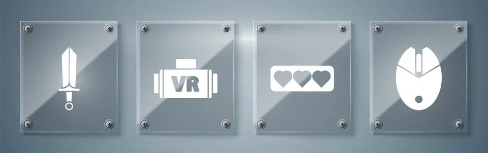 Set Computer mouse gaming, Like and heart, Virtual reality glasses and Sword for Stock Illustration