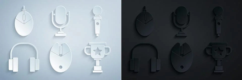 Set Computer mouse gaming, Joystick for arcade machine, Headphones, Award cup Stock Illustration