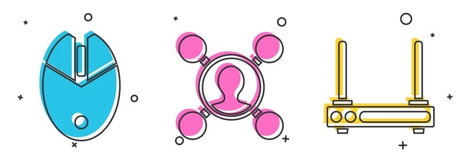 Set Computer mouse gaming, Share and Router and wi-fi signal icon. Vector Stock Illustration