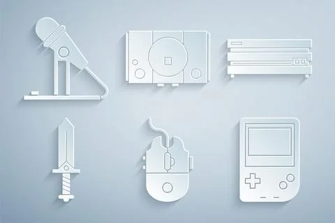 Set Computer mouse gaming, Video game console, Sword for, Portable video, and 스톡 일러스트